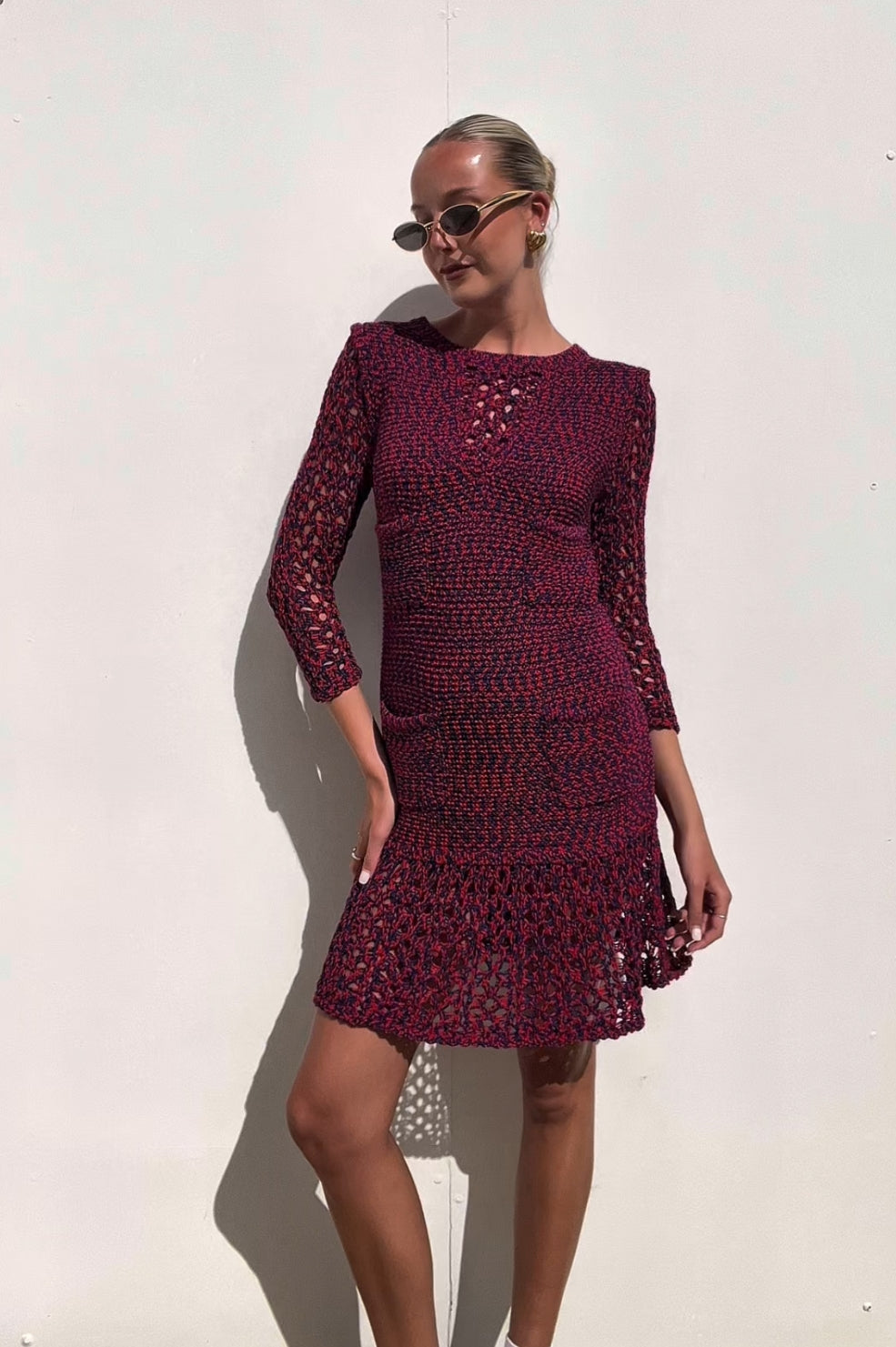 Chanel | Red + Blue Cotton Crochet 4 Pocket Long sleeve Dress | AU 10