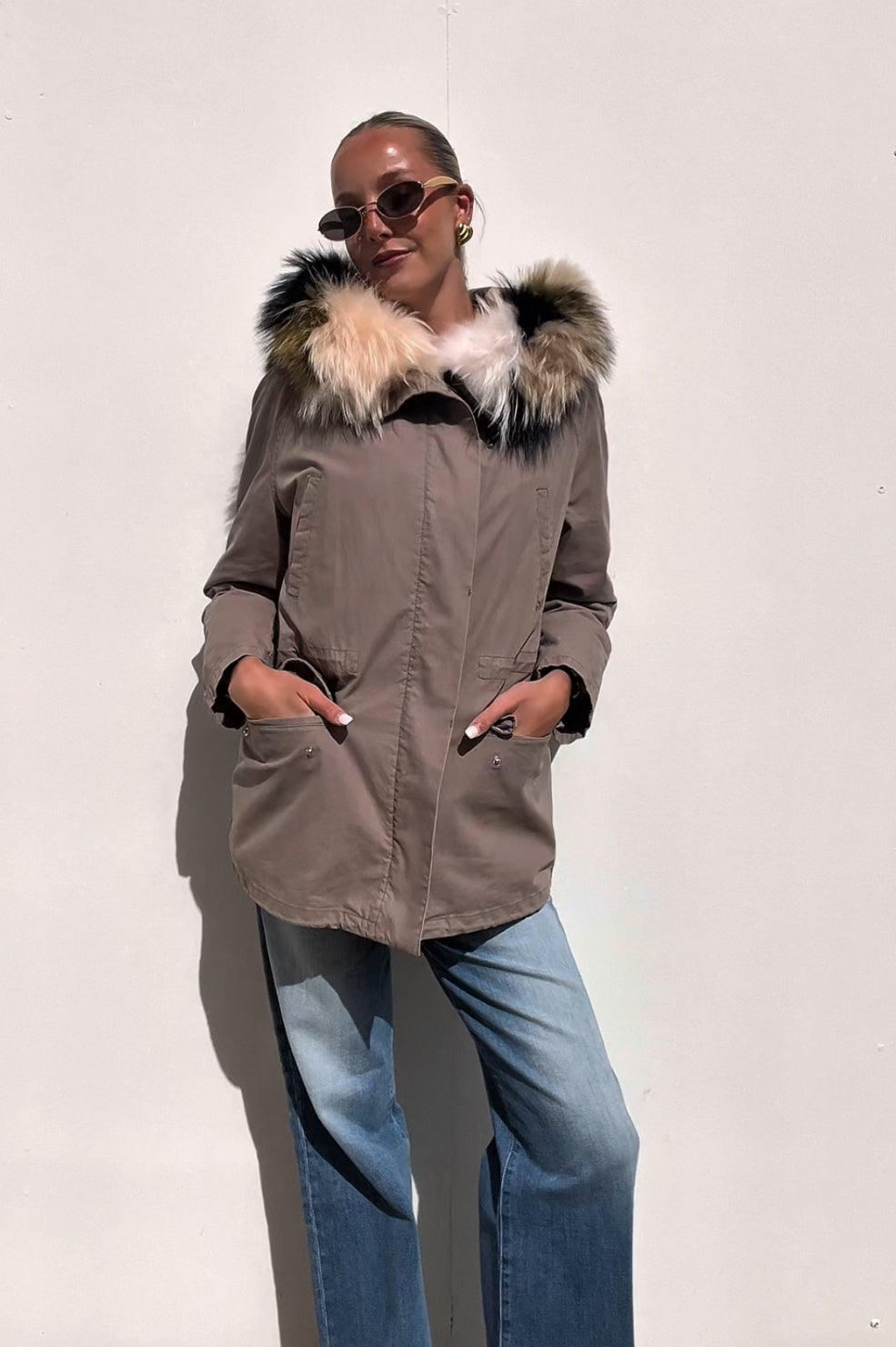 Yves Salomon | Short Iconic Khaki Camouflage Cotton + Fur Parka | AU 8