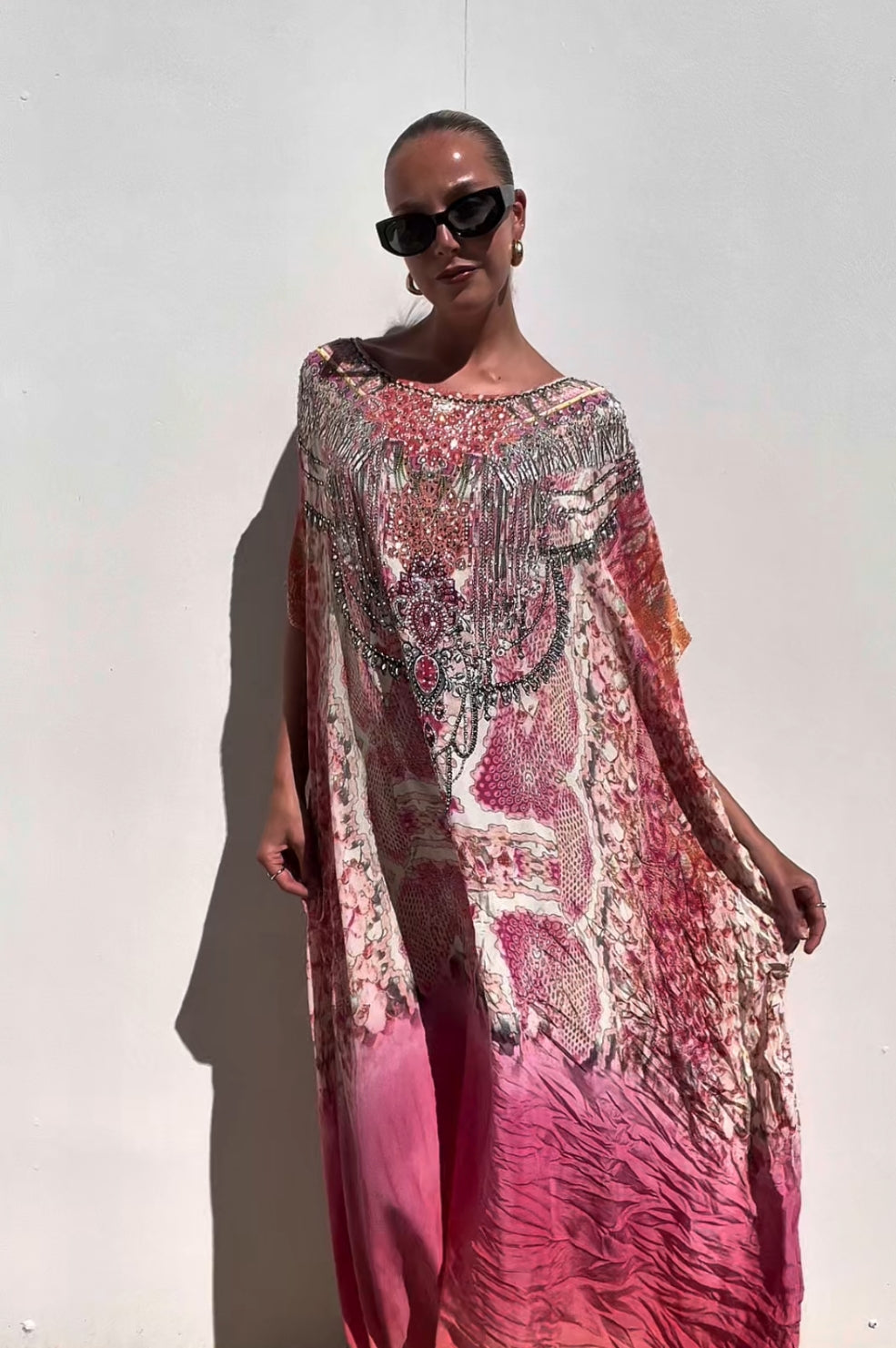 Camilla | Pink/ Orange Jewelled Kaftan | O/S