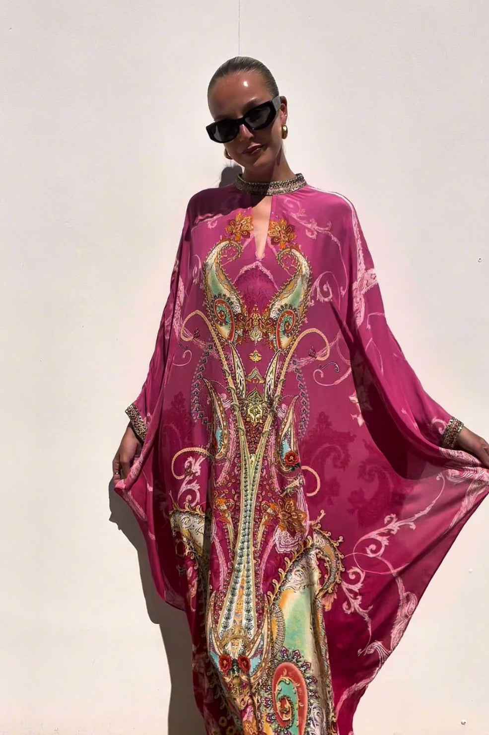 Camilla | Pink Paisley Jewelled Neck Kaftan | O/S