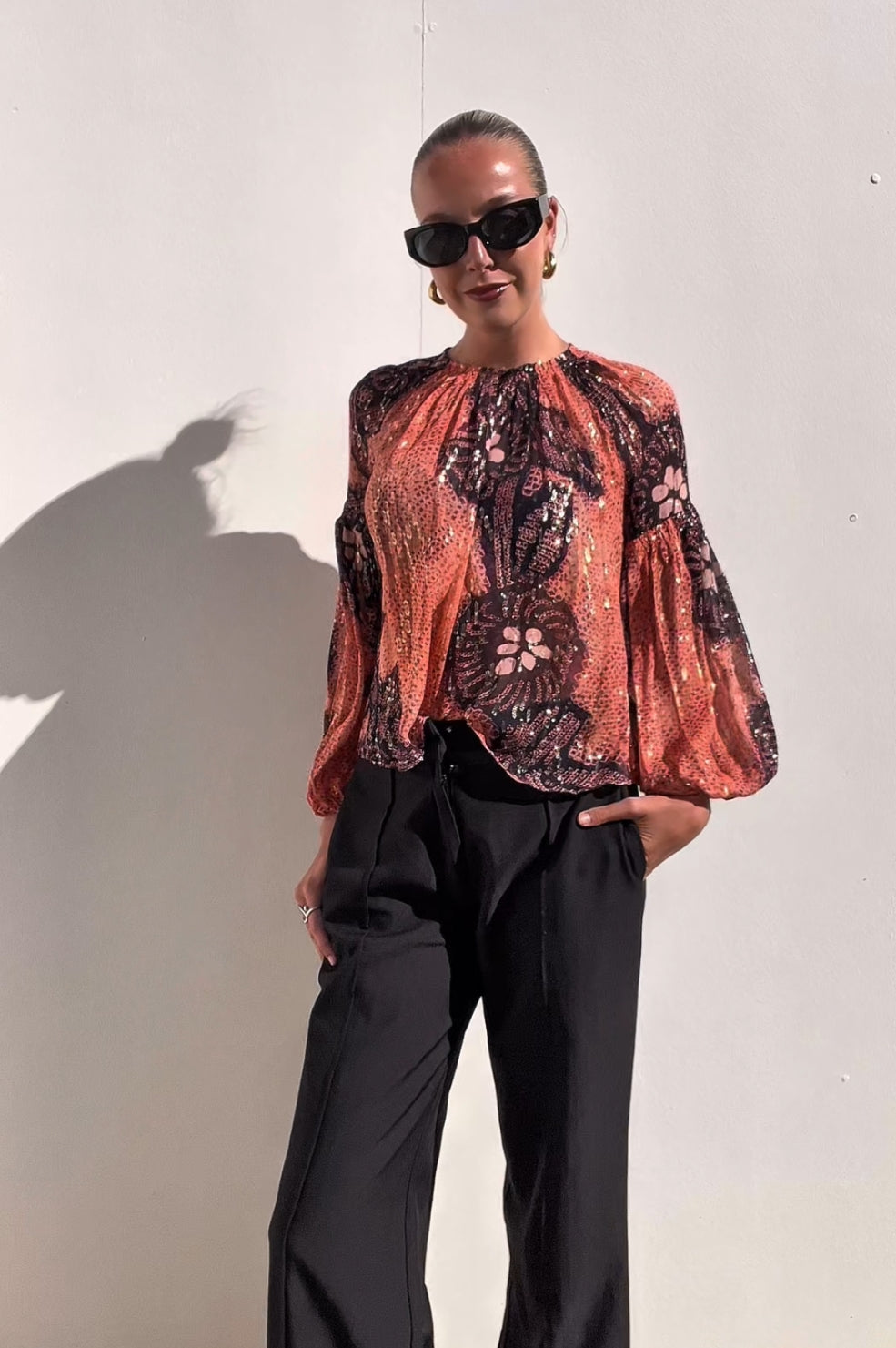 Ulla Johnson | Peach Printed Silk Blouse Gold Lurex | AU 8