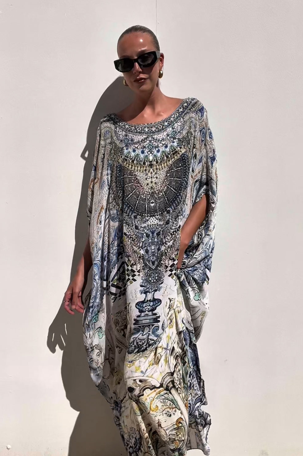 Camilla | Blue Print Jewelled Kaftan | O/S