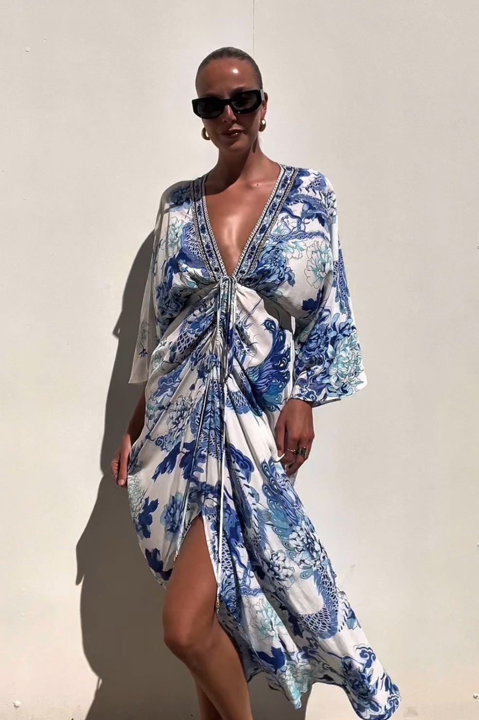 Camilla | Blue Floral Beaded V Neck Kaftan | AU 10