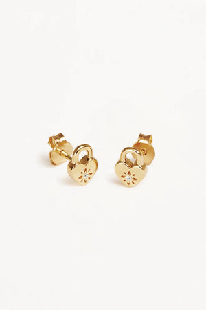 Crystal Lotus Heart Padlock Stud Earrings | Gold
