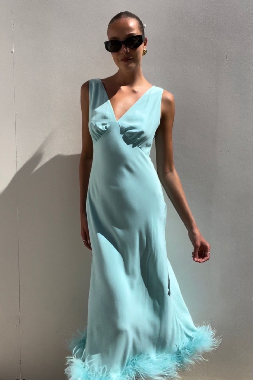 Rixo | Blue Sandrine Feather Trim Dress | AU 6