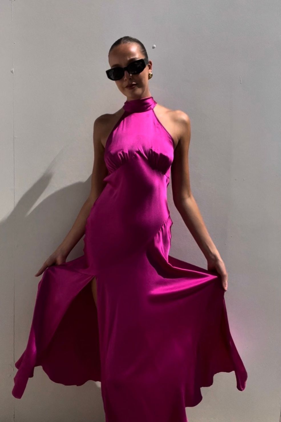 De La Vali | Fuchsia Silk Halter Maxi Dress | AU 6