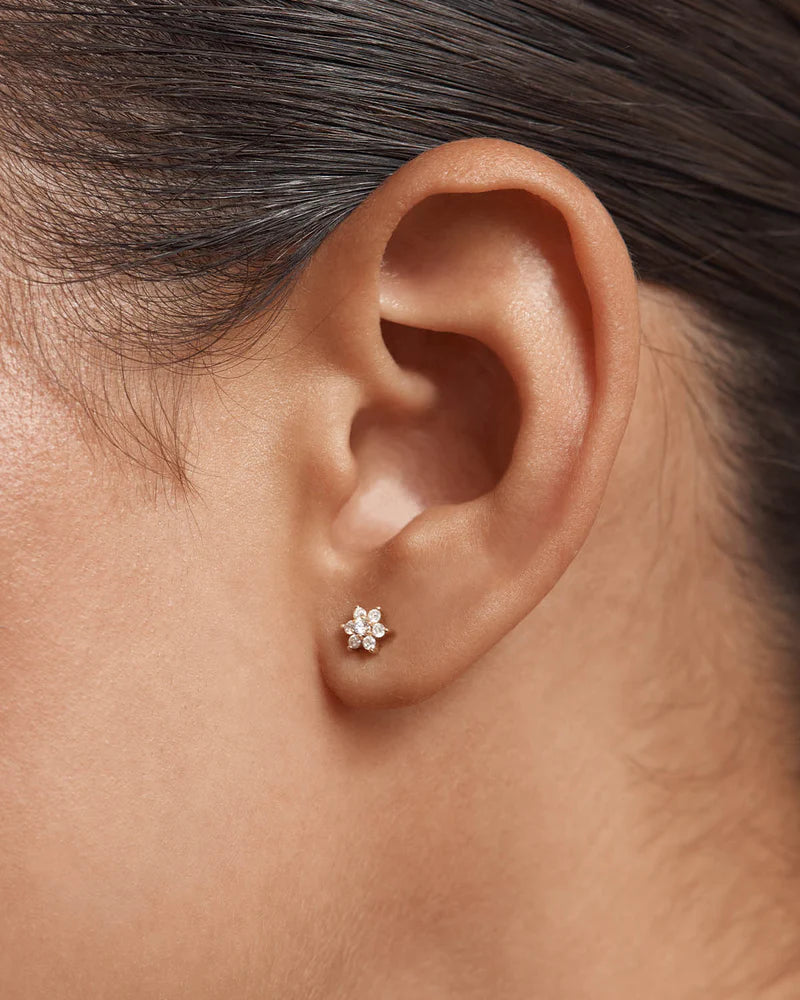 14K Solid Gold Lotus Flower Diamond Stud Earrings