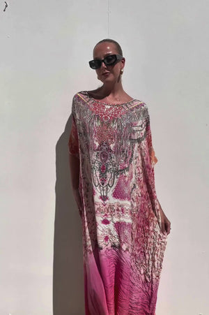 Camilla | Pink/ Orange Jewelled Kaftan | O/S