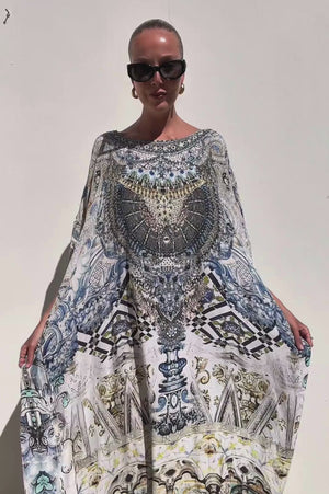 Camilla | Blue Print Jewelled Kaftan | O/S