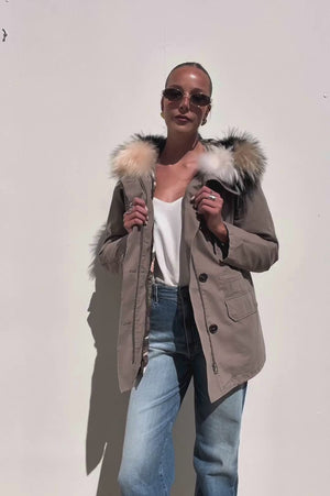 Yves Salomon | Short Iconic Khaki Camouflage Cotton + Fur Parka | AU 8
