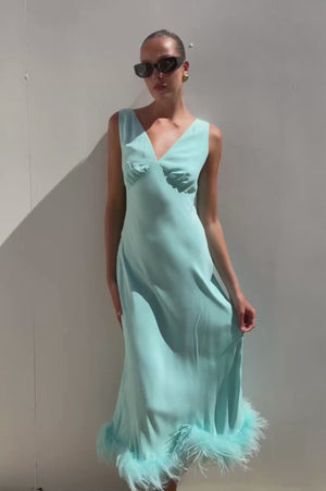 Rixo | Blue Sandrine Feather Trim Dress | AU 6