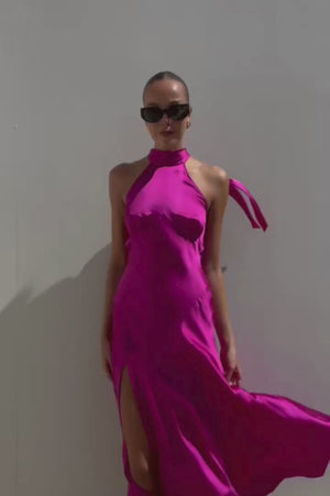 De La Vali | Fuchsia Silk Halter Maxi Dress | AU 6