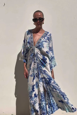 Camilla | Blue Floral Beaded V Neck Kaftan | AU 10