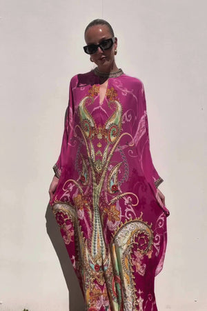 Camilla | Pink Paisley Jewelled Neck Kaftan | O/S